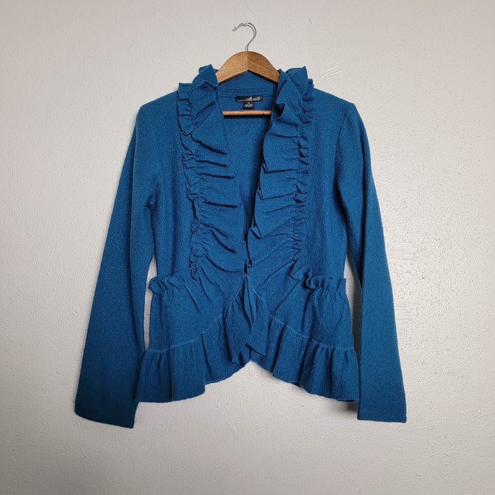 Willi Smith Turquoise Wool Ruffled Cardigan Sweater